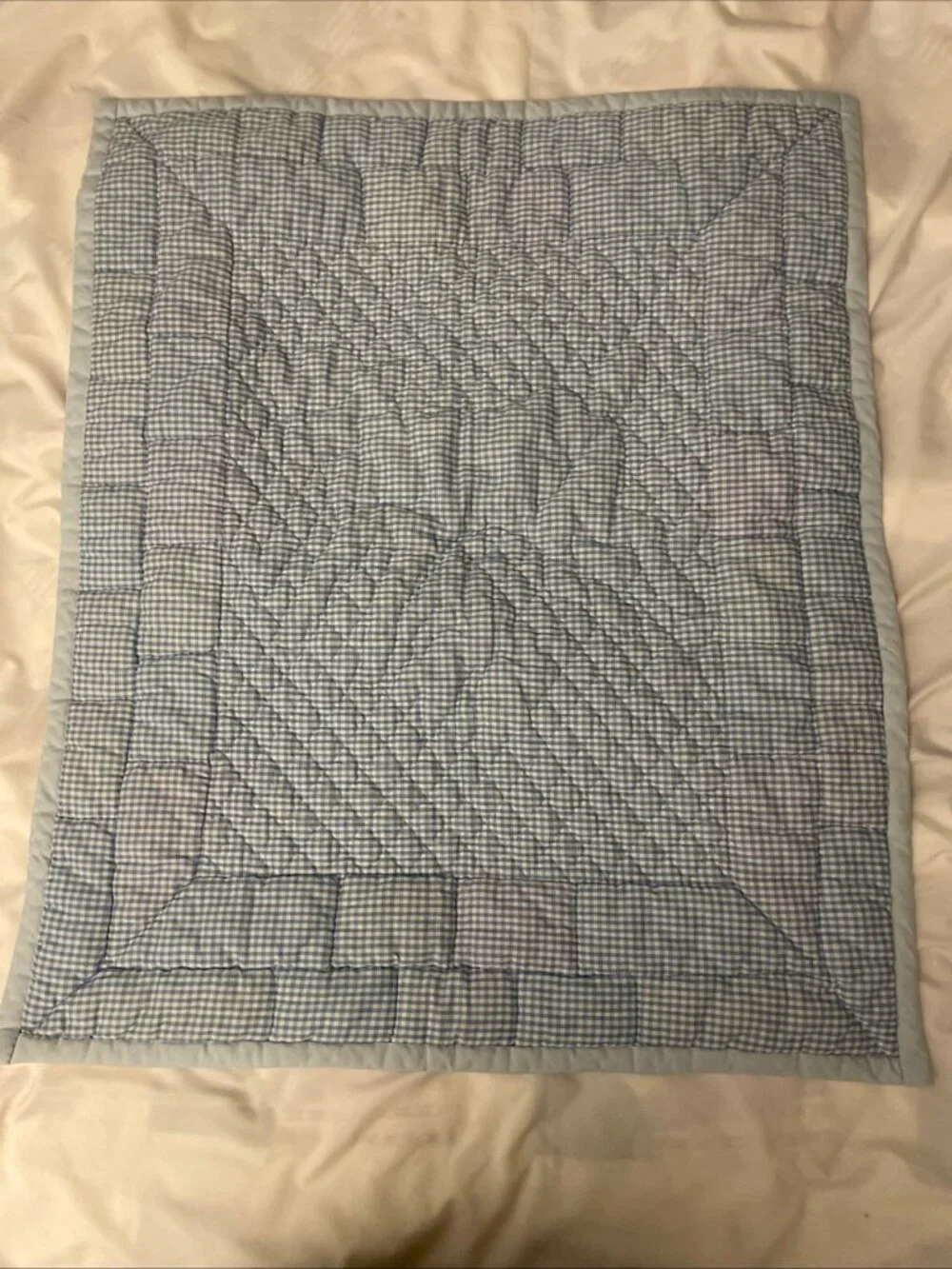 Baby Quilt Pink White Blue Yellow Hand Quilted Embroidered Animal Lamb 34x28”